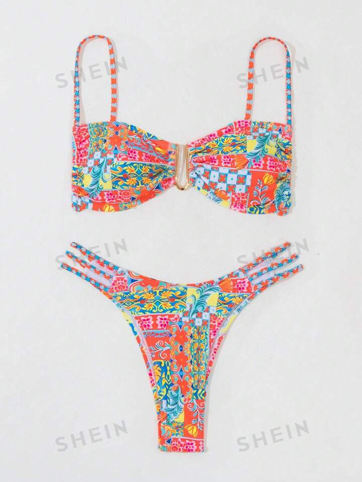 SHEIN Swim Summer Beach Ladies' Full Print Hollow Out Side Split Two Piece Swimsuit Carnival | SH... | SHEIN