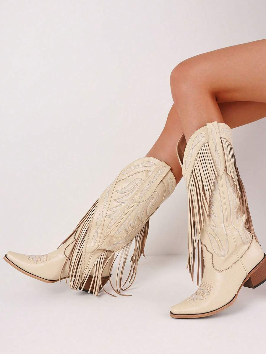 Fashionable Casual Western Boots For Women Tassels Embroidered Block Heel Boots High Heels Slip-O... | SHEIN