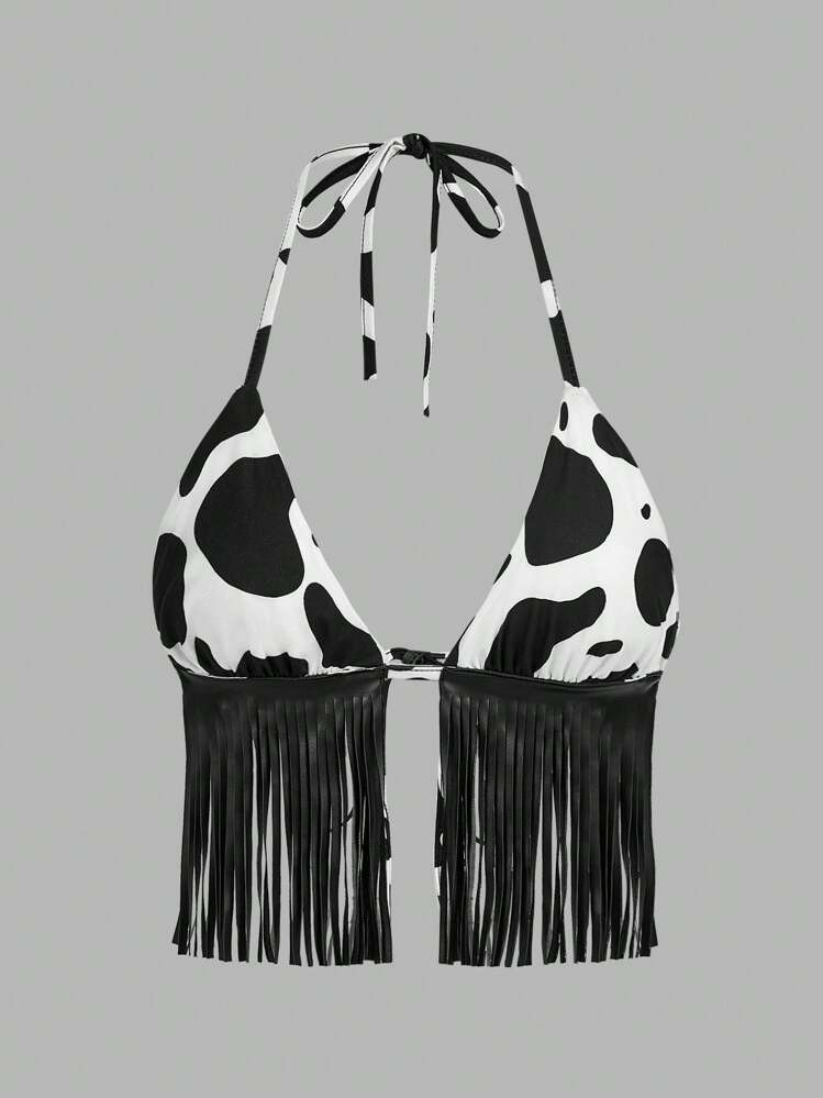 SHEIN ICON Cow Print Fringe Hem Halter Neck Top | SHEIN