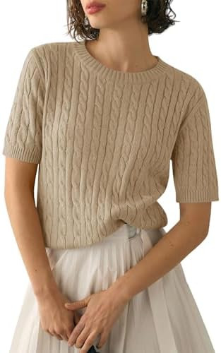 Saodimallsu Womens Cable Knit Sweater Tops Short Sleeve Crew Neck Loose Casual Summer Pullover Sw... | Amazon (US)