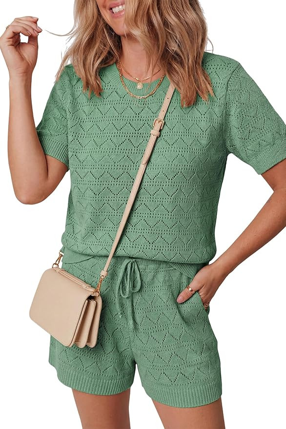 Allimy Womens See Through Pointelle Knit Short Sleeve Crewneck Sweater Crop Tops and High Waist E... | Amazon (US)