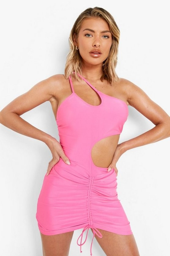 Neon Tie Ruched Cut Out Beach Dress | Boohoo.com (US & CA)