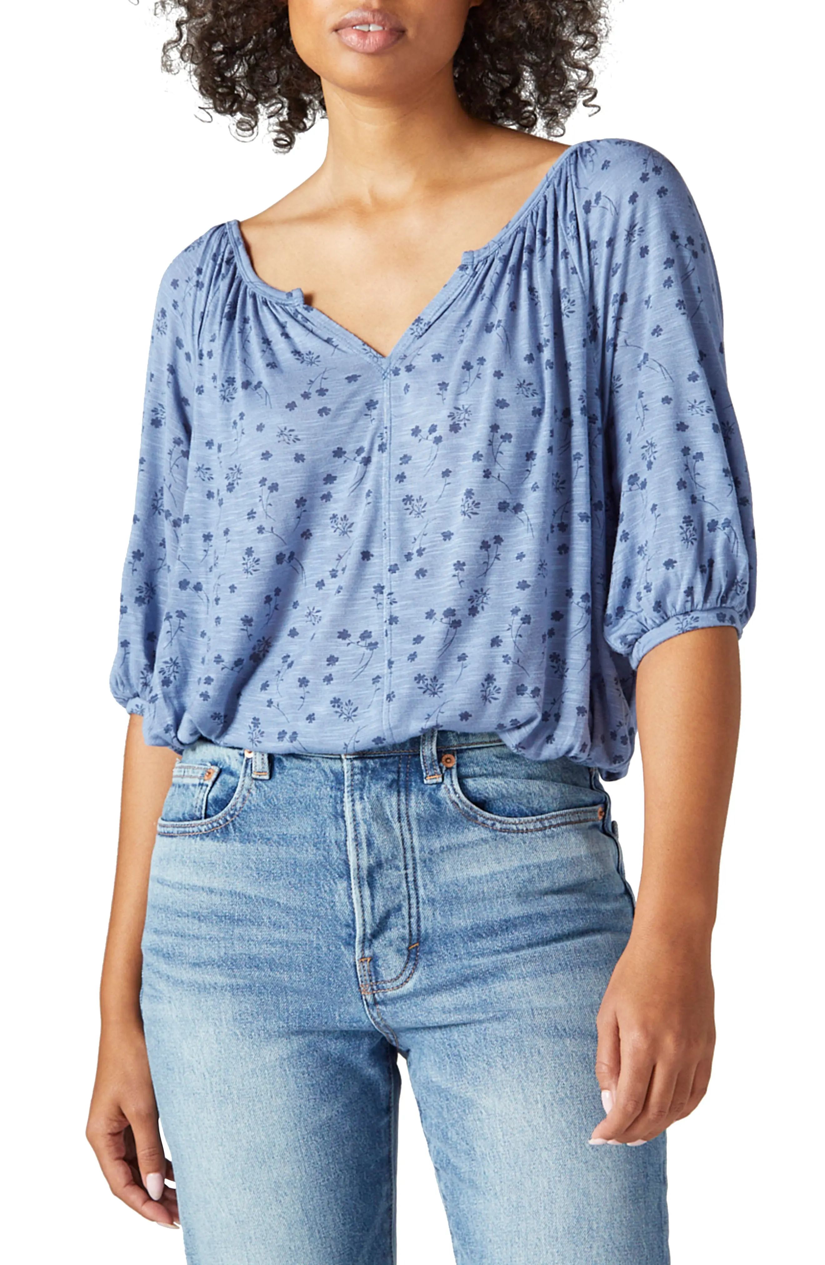 Lucky Brand Knit Peasant Top in Blue Floral at Nordstrom, Size Medium | Nordstrom