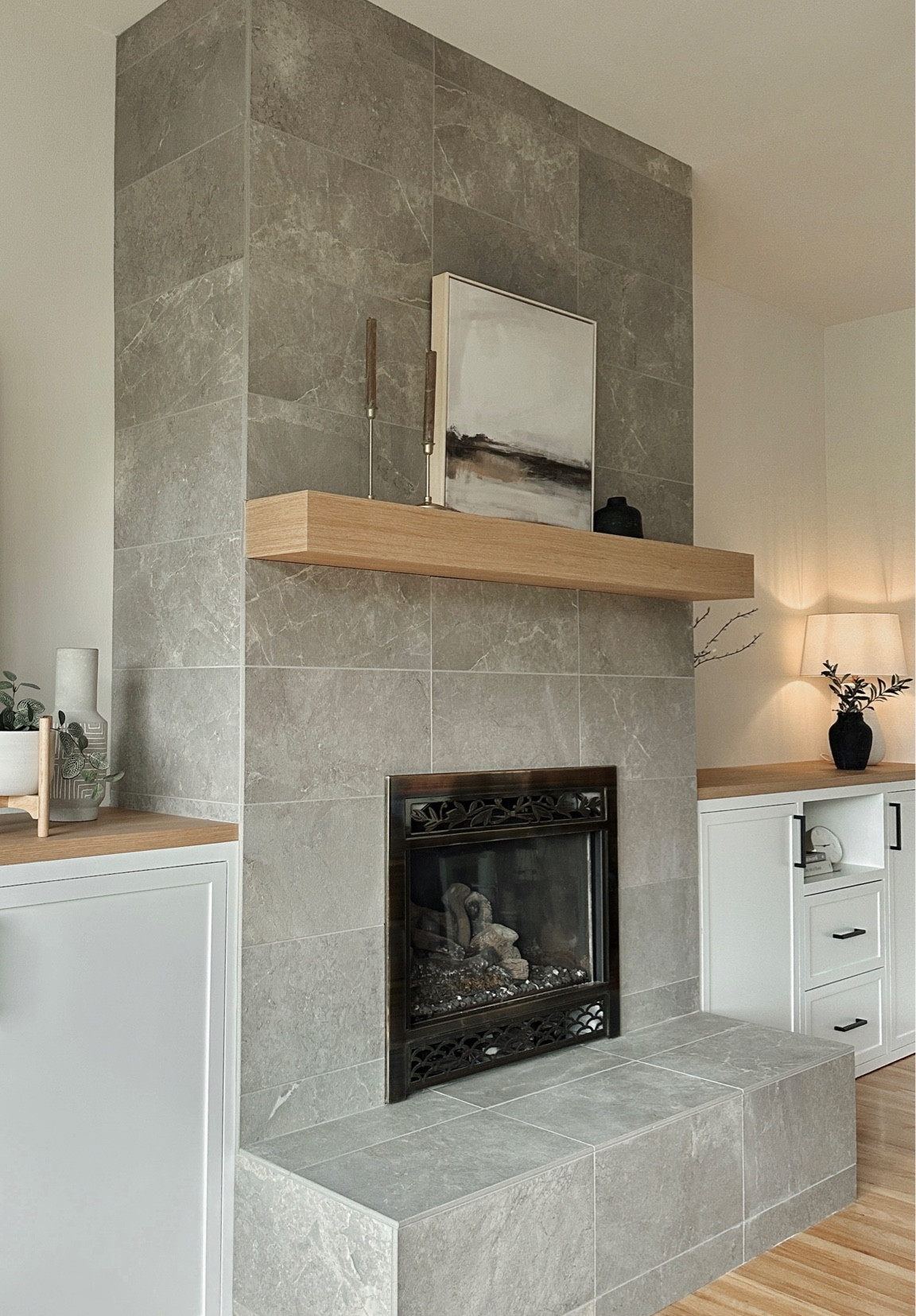 Living room built-ins | home decor, wood mantle, living room decor, built-ins, neutral decor, target style, mantle styling, white cabinets, white oak, Studio McGee, Target home decor, Hearth & Hand |

#LTKhome