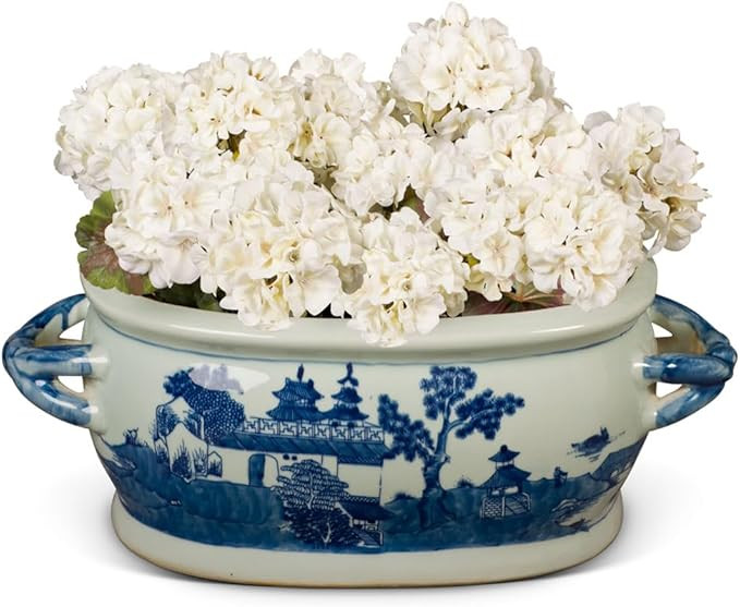 ChinaFurnitureOnline Blue and White Scenery Motif Chinese Porcelain Footbath Planter | Amazon (US)