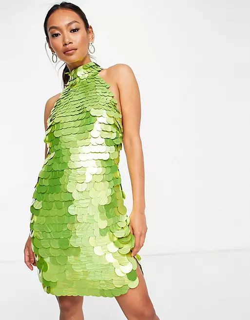 ASOS DESIGN disc sequin halter mini dress in lime | ASOS (Global)
