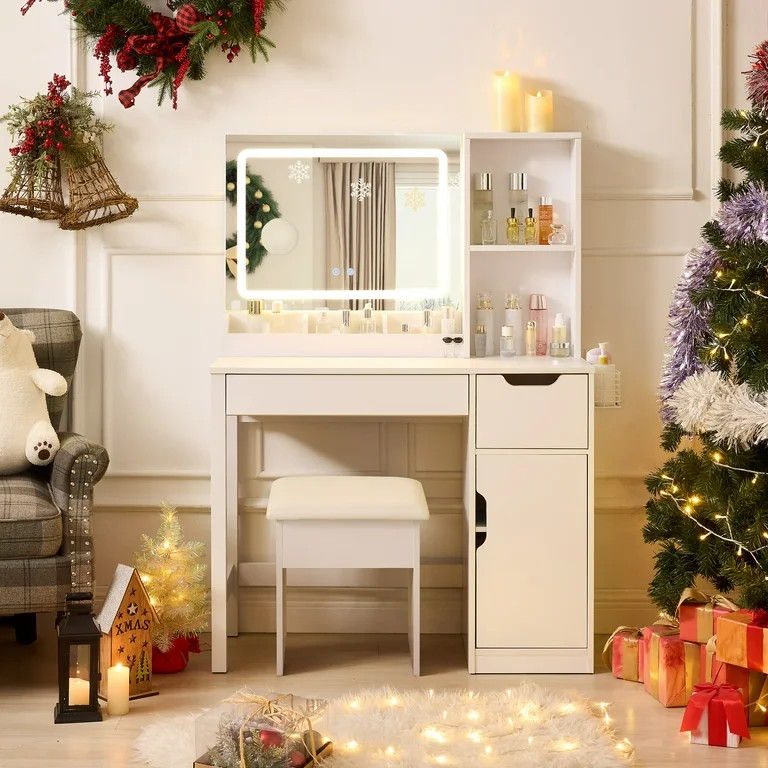 Mainstays Get Ready with Me GRWM Deluxe 2-Piece Vanity and Stool with Lighted Mirror and USB Powe... | Walmart (US)