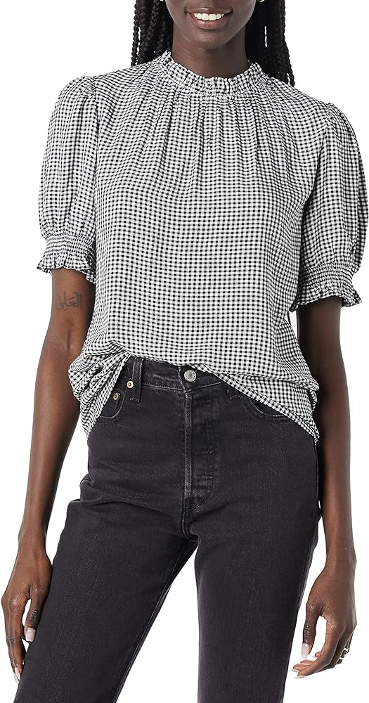 Amazon Essentials Women's Fluid Twill Short Puff Sleeve Ruffle Smocked Shirt | Amazon (US)