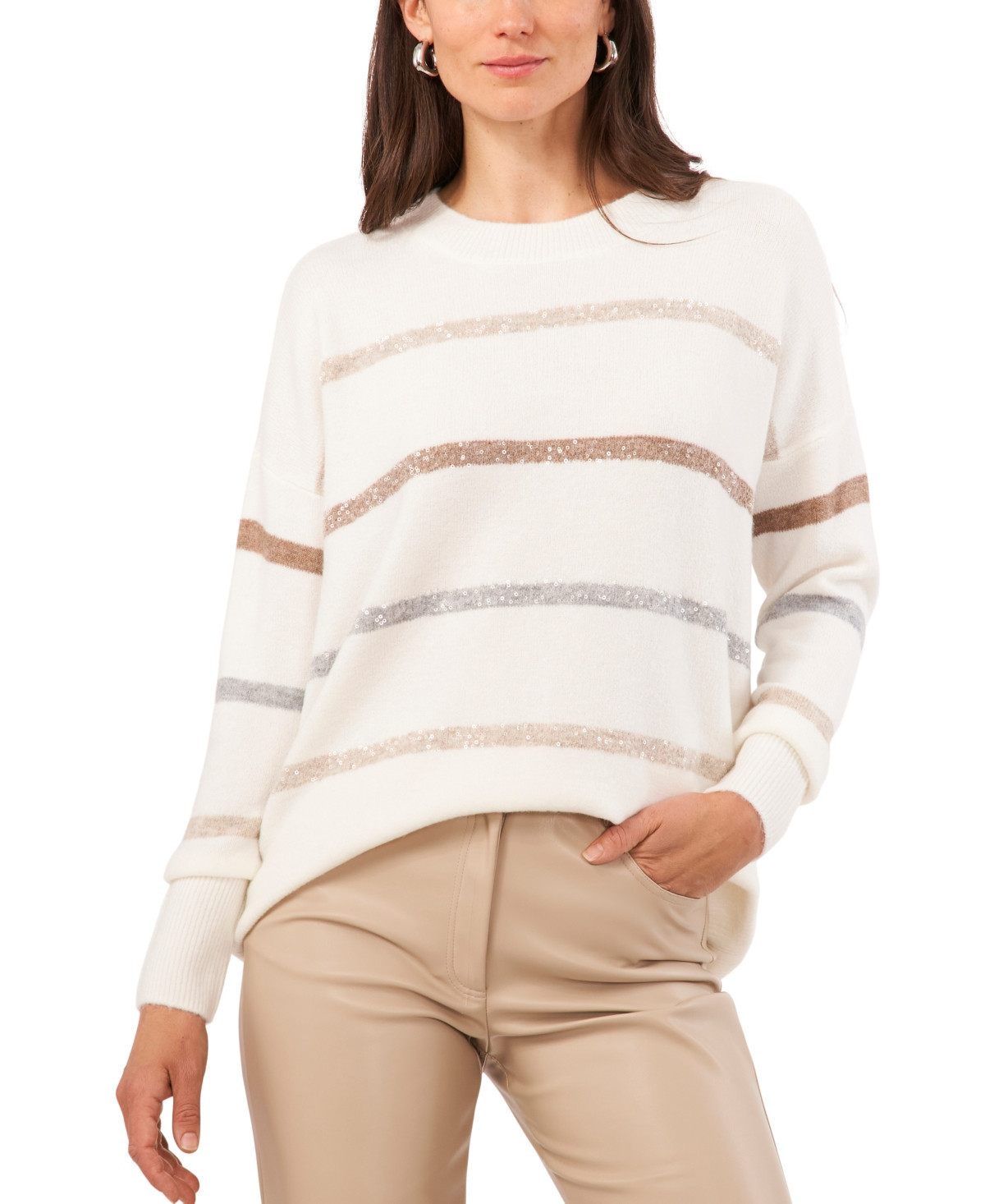Vince Camuto Women's Cozy Crewneck Sequin-Stripe Long-Sleeve Sweater - Antique White | Macy's