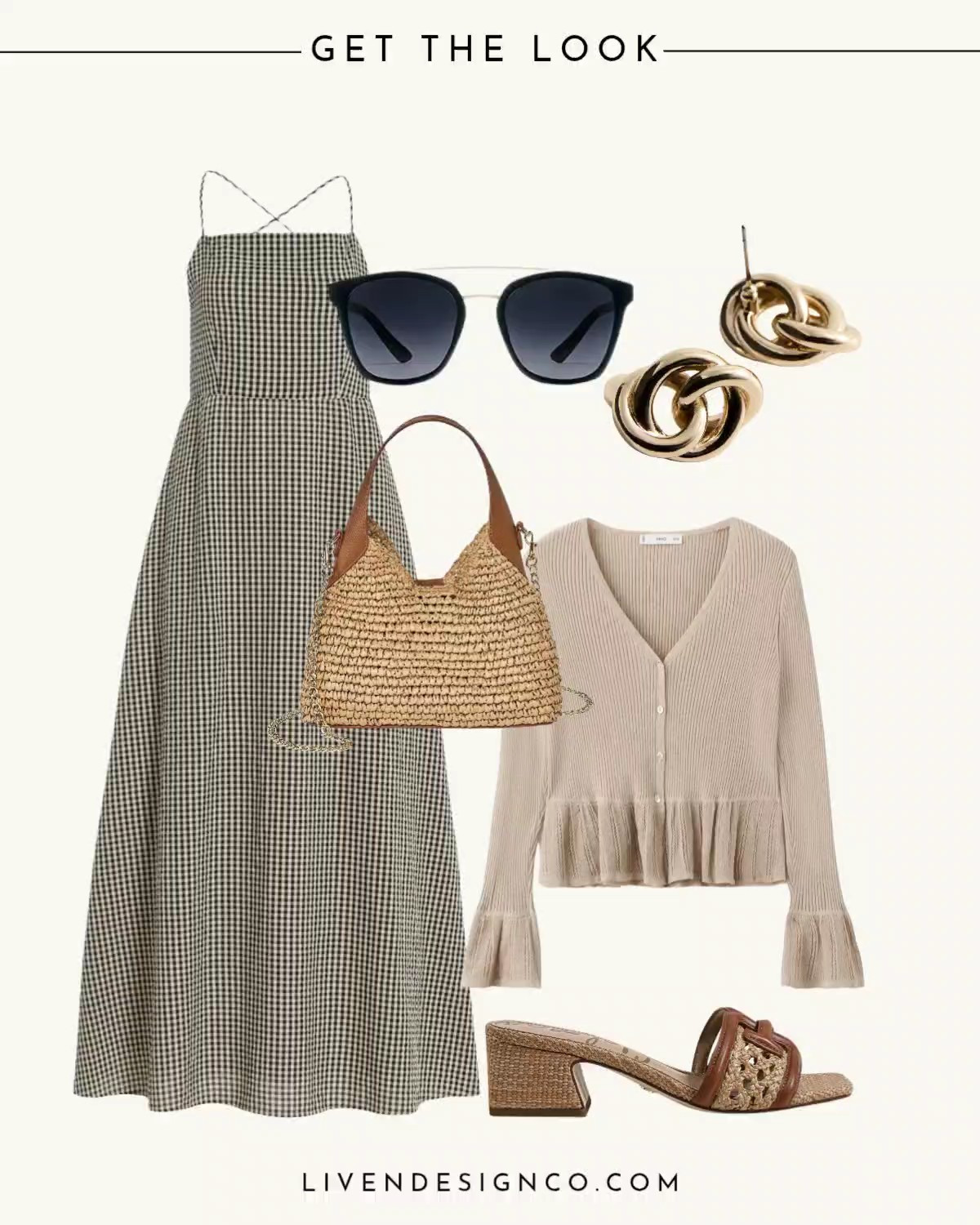 Spring style. Gingham dress. Midi dress. Straw handbag. Sunglasses. Cardigan. Style inspiration 

#LTKSeasonal #LTKSaleAlert