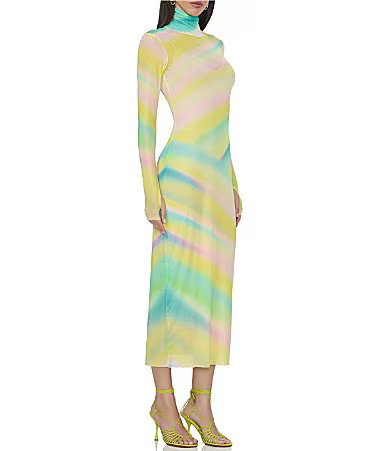 AFRM Shailene Printed Mesh Turtleneck Long Sleeve Midi Dress - L | Dillard's