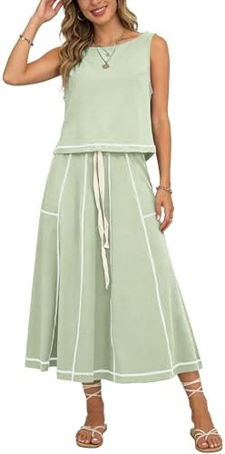 Women’s 2 Piece Cotton Skirt Set Sleeveless Draped Tank Top Drawstring Midi Skirt Y2K Lounge Ou... | Amazon (US)