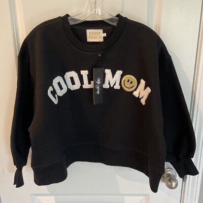 JUDITH MARCH Cool Mom Glitter Smile Velvet Mod New NWT Sweatshirt Puff Sleeve Sm | eBay US
