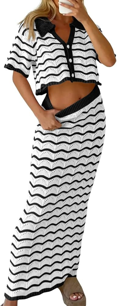 Saodimallsu Women Striped Beach Cover Up Set Button Short Sleeve Collared Crop Top Maxi Skirt Cro... | Amazon (US)