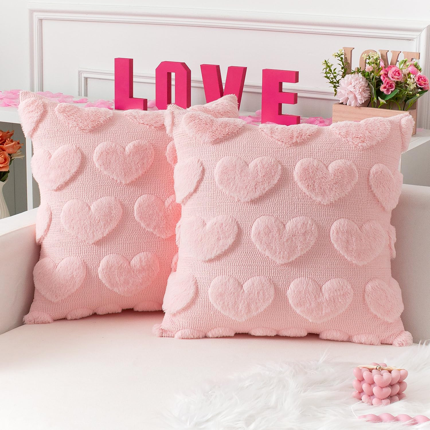 Kevin Textile Heart Love Cute Decorative Throw Pillow Covers 18x18 Inch Set of 2 Soft Faux Fur Pi... | Amazon (US)