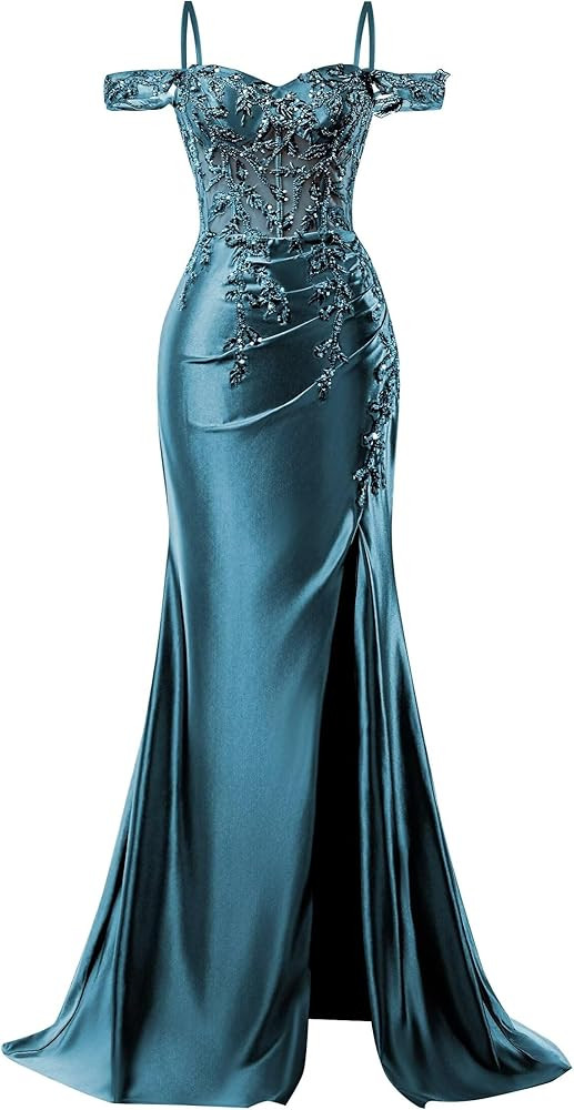 Mermaid Satin Prom Dresses 2025 Lace Applique Off Shoulder Formal Evening Gown with Slit | Amazon (US)