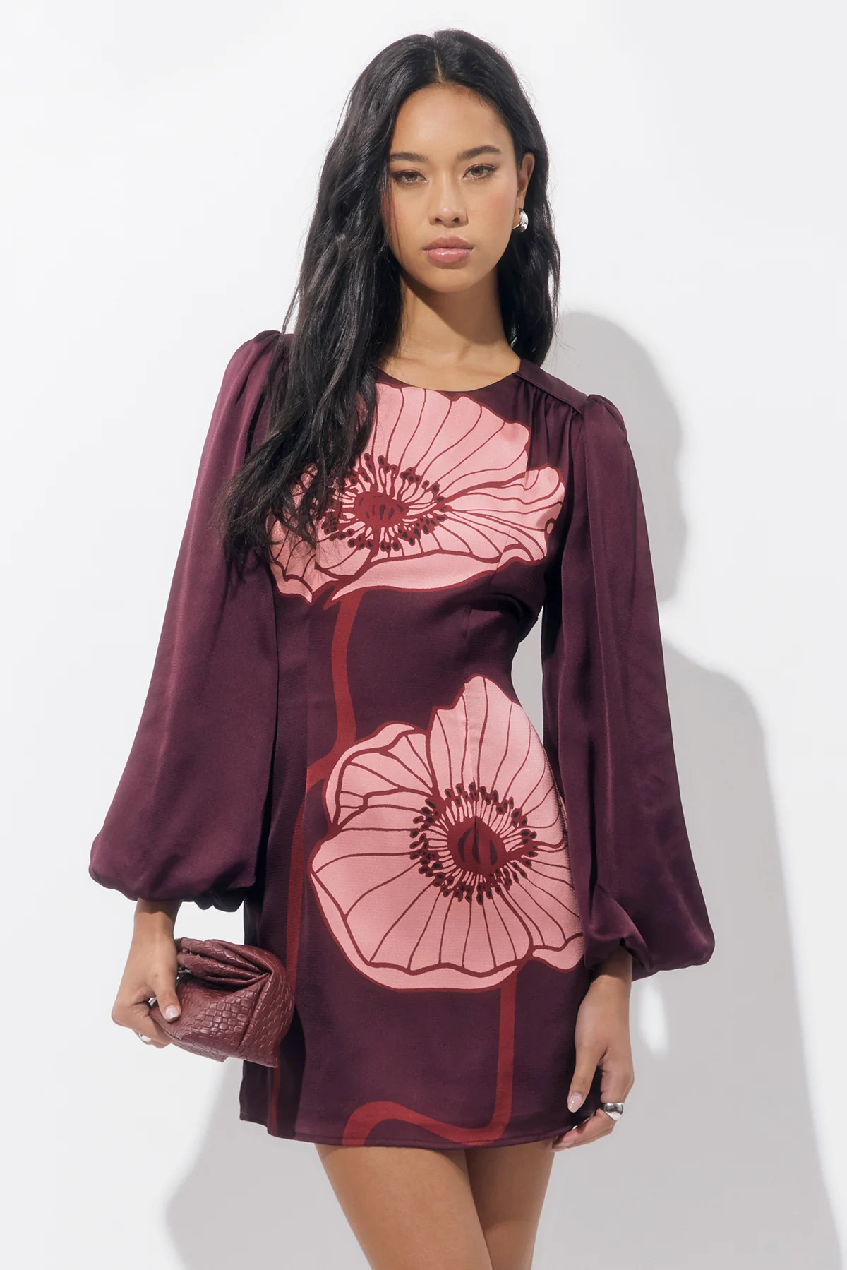 Juno Bubble Sleeve Poppy Mini Dress S / BURGUNDY | Adelyn Rae