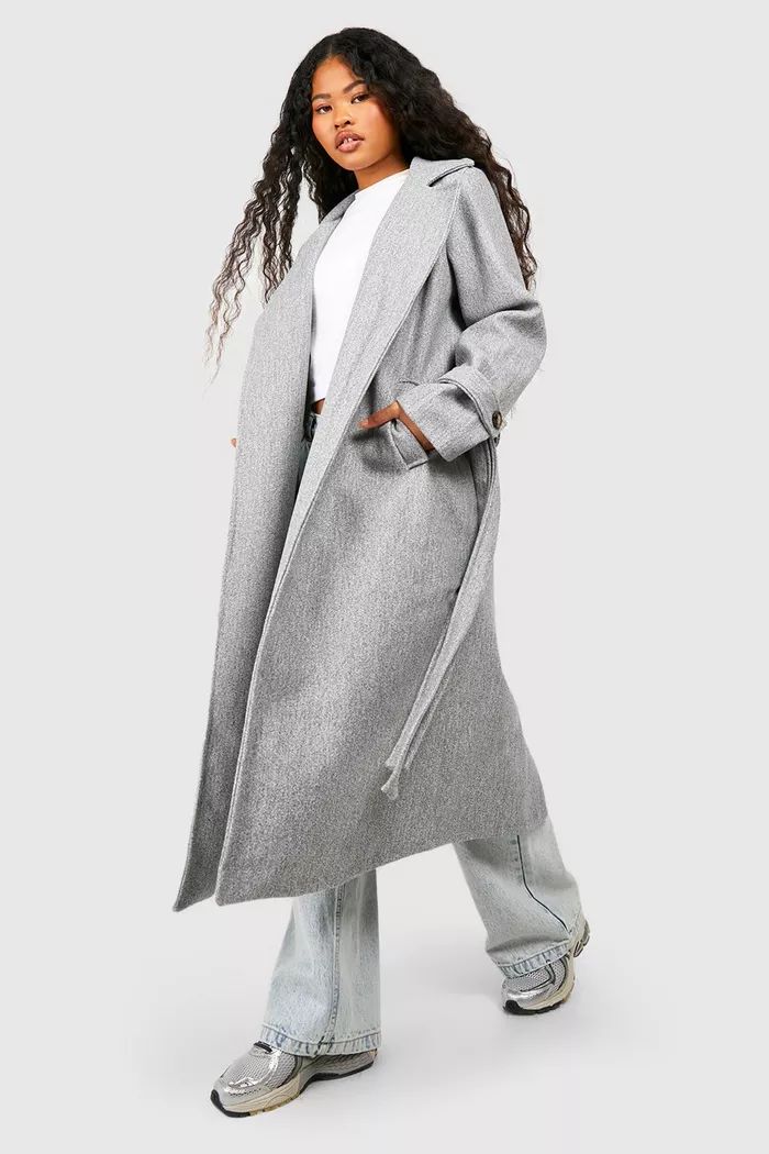 Petite Belted Wool Look Trench | boohoo (US & Canada)