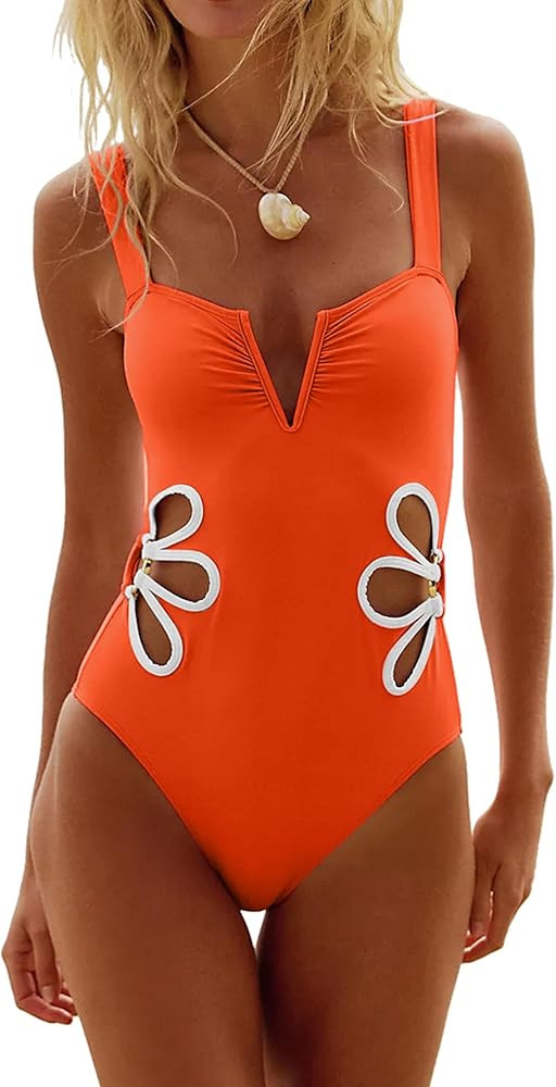 seamoly One Piece Swimsuit Women Slimming Floral Cut Out Color Block Bathing Suit Ruched Cheeky 1... | Amazon (US)