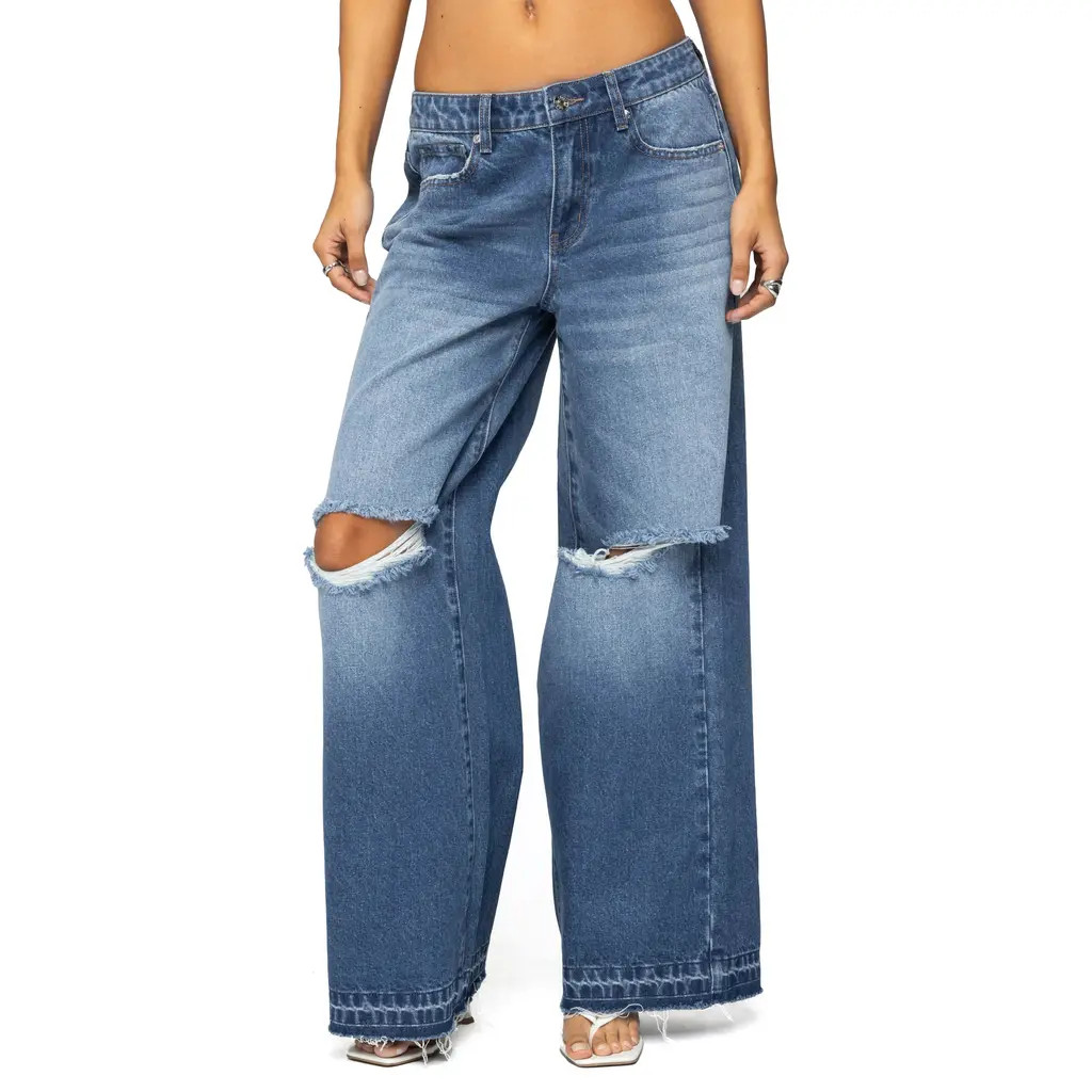 EDIKTED Xenia Ripped Low Rise Wide Leg Jeans in Blue at Nordstrom, Size Small | Nordstrom