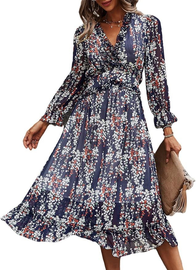 Simplee Women's V Neck Ruffles Floral Printed Long Sleeve Dress High Elastic Waist Flowing Midi D... | Amazon (US)