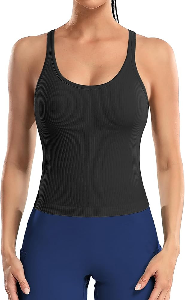 ATTRACO Women Ribbed Workout Crop Tops with Built in Bra Yoga Racerback Tank Top Tight Fit | Amazon (US)