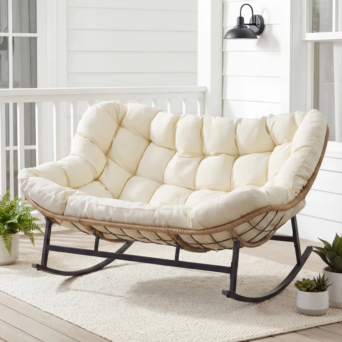 Oversized 2-Person Nest-Style Rocking Chair, Indoor/Outdoor Wicker Lounge Rocker with Cushion, Qu... | Wayfair North America