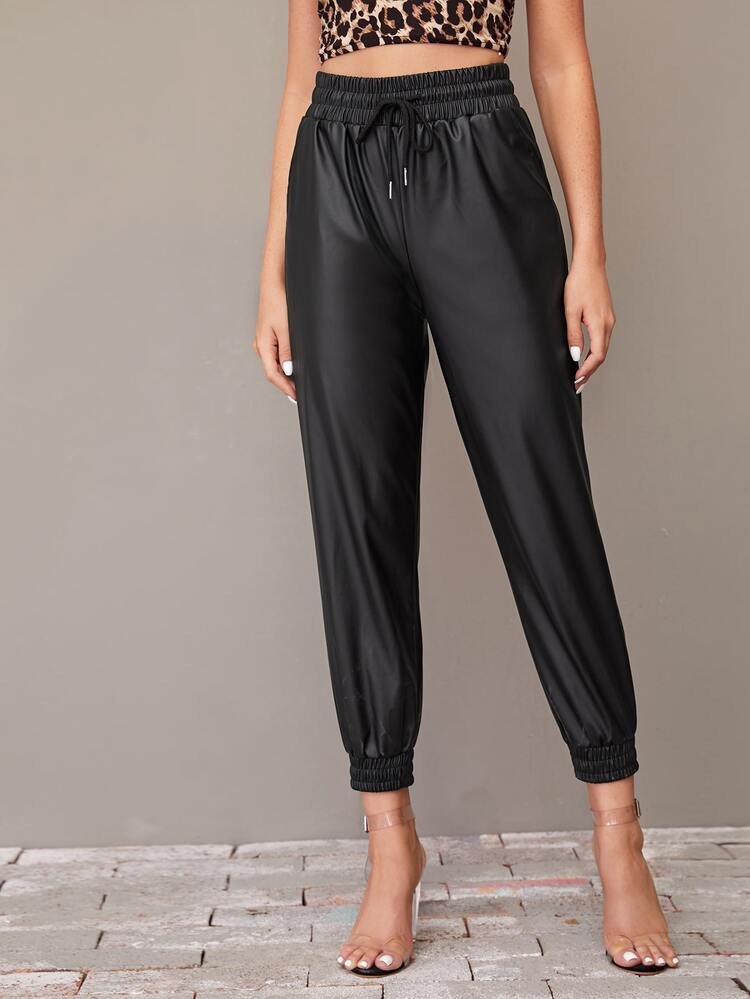 SHEIN Drawstring Waist PU Pants | SHEIN