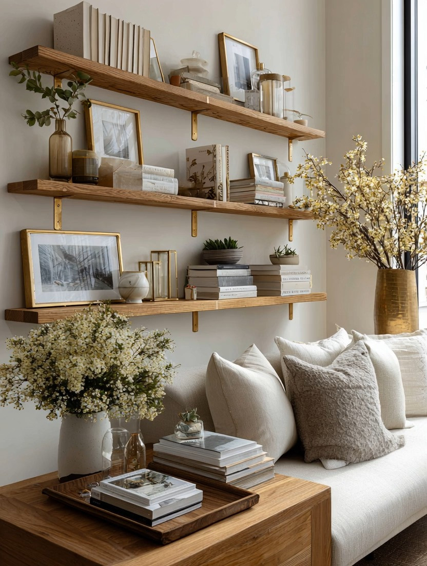 Floating wood shelves are beautiful on their own — they bring warmth, texture, and that natural wood energy every room needs.

But the detail that takes them to the next level?

**Gold hardware.**

Antique gold brackets, L-shaped supports, or more decorative shelf hardware can instantly make simple floating shelves feel more designer, curated, and intentional.

It is a small detail, but it changes the entire look.

Natural wood keeps the space warm and grounded. Gold adds polish, contrast, and quiet elegance. Together, they turn basic functional shelving into a styled architectural moment.

In our edit, we linked different sizes of wooden floating shelves along with several gold hardware options so you can create your own version of this look.

Because sometimes the shelf is not the only thing that matters — the detail holding it up matters too.
 

 #LTKHome
