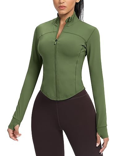 AVGO Long Sleeve Workout Tops for Women Slim Fit Athletic Jackets Lightweight Workout Sweaters for Gym Running Pilates Yoga Track Golf Hiking Crossfit Army Green | Amazon (US)