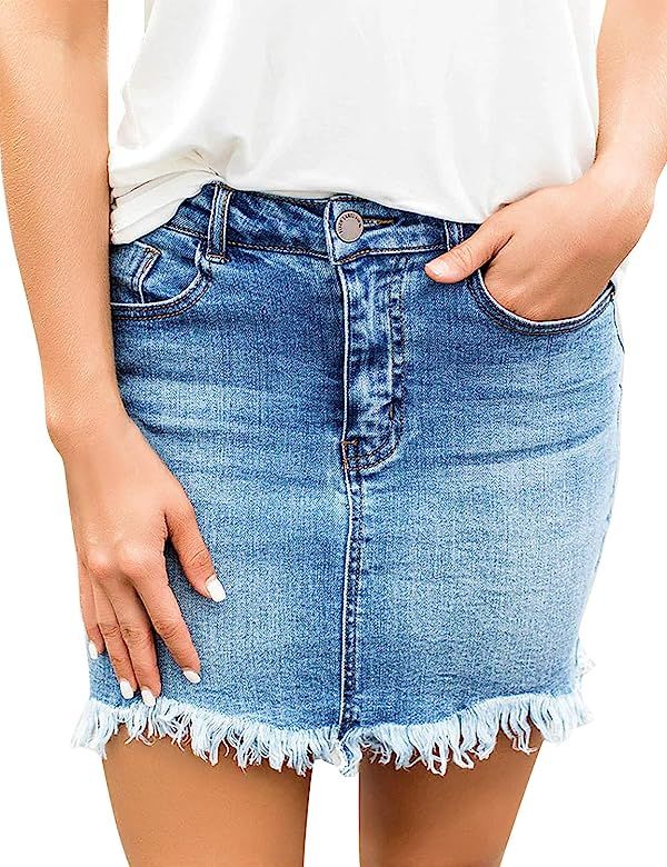 Women's Casual Mid Waisted Washed Frayed Pockets Denim Jean Short Skirt | Amazon (US)