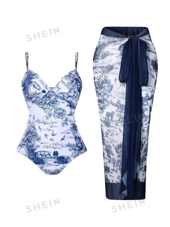 SHEIN Swim Oasis Plus Size Women's Botanical Print One-Piece Swimsuit With Spaghetti Straps, 2pcs... | SHEIN