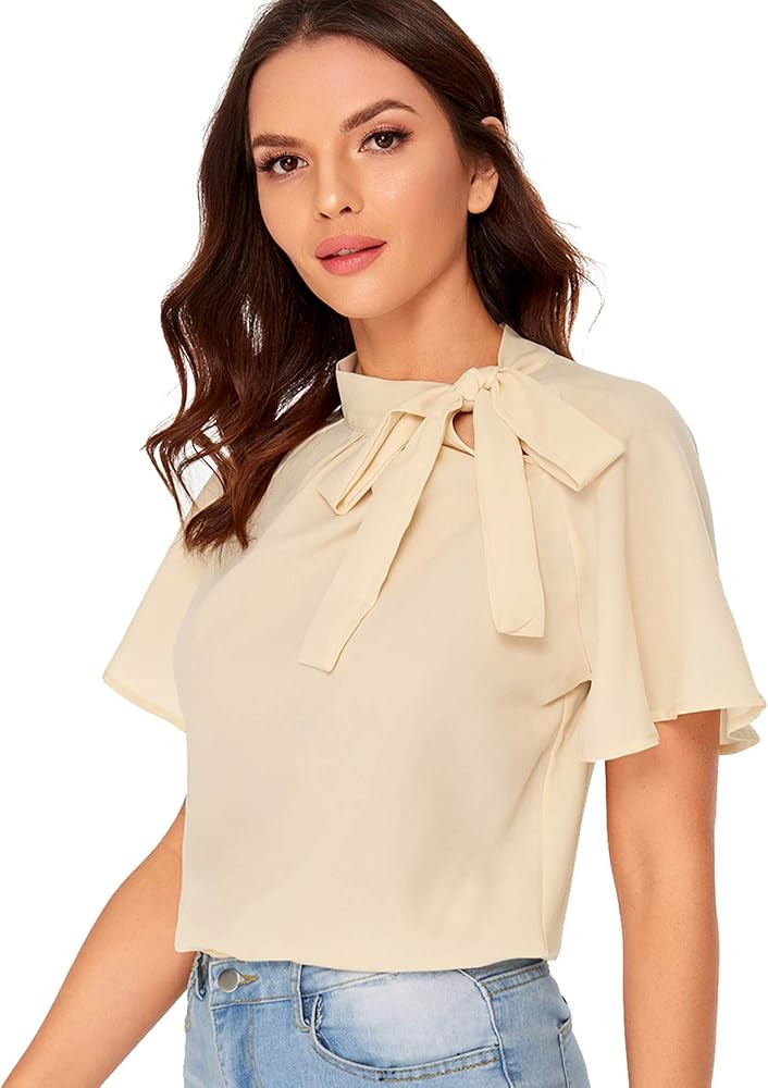 SheIn Women's Casual Side Bow Tie Neck Short Sleeve Blouse Shirt Top | Amazon (US)