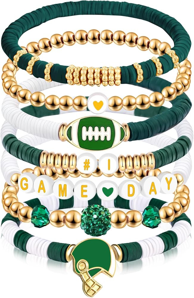 Game Day Bracelet Football Charm Beaded Stretch Bracelet Sports Jewelry for Football Mom Dad Coac... | Amazon (US)