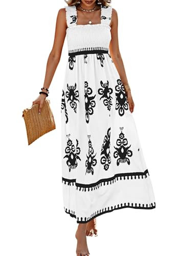 PRETTYGARDEN Womens Summer Boho Maxi Dress 2026 Casual Sleeveless Square Neck Floral Aline Smocked Beach Dresses with Pockets (Floral White Black,Small) | Amazon (US)