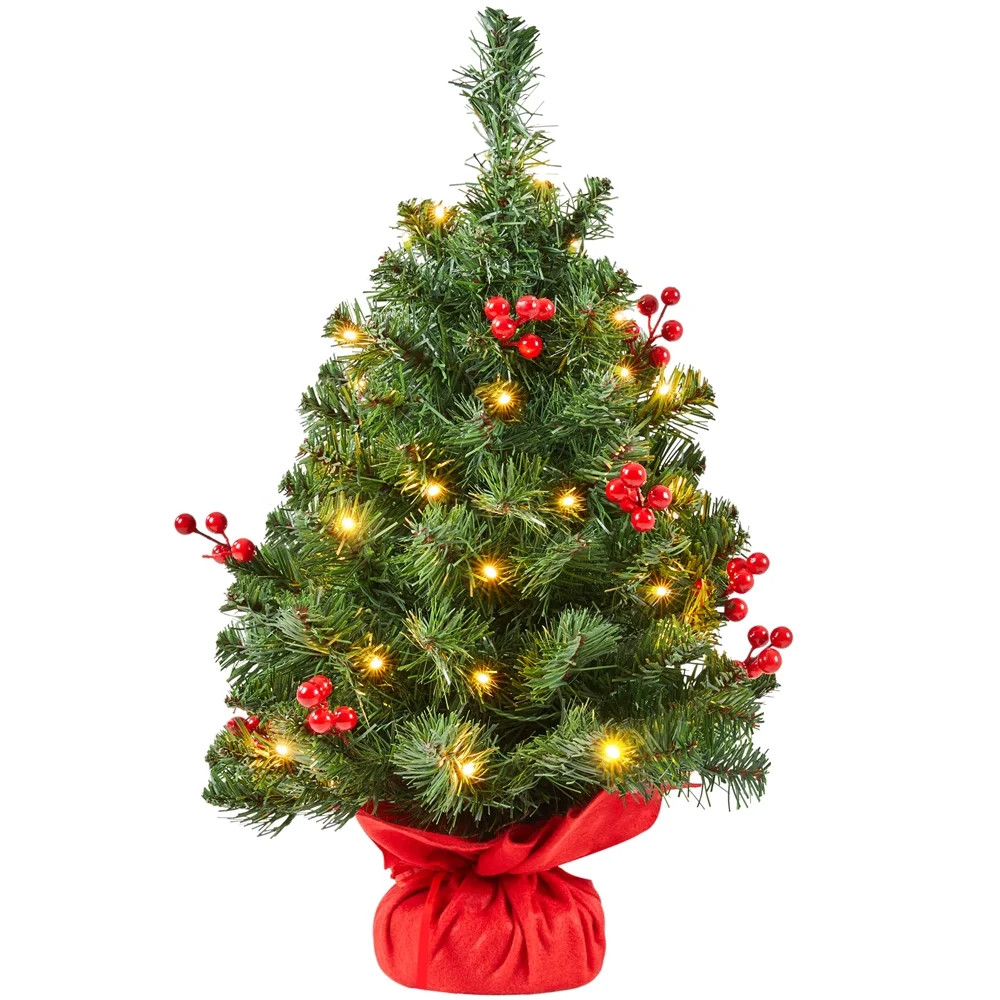 Yaheetech 2Ft Tabletop Christmas Tree with 35 LED Warm Toned Lights Red Berries Festive Portable ... | Walmart (US)