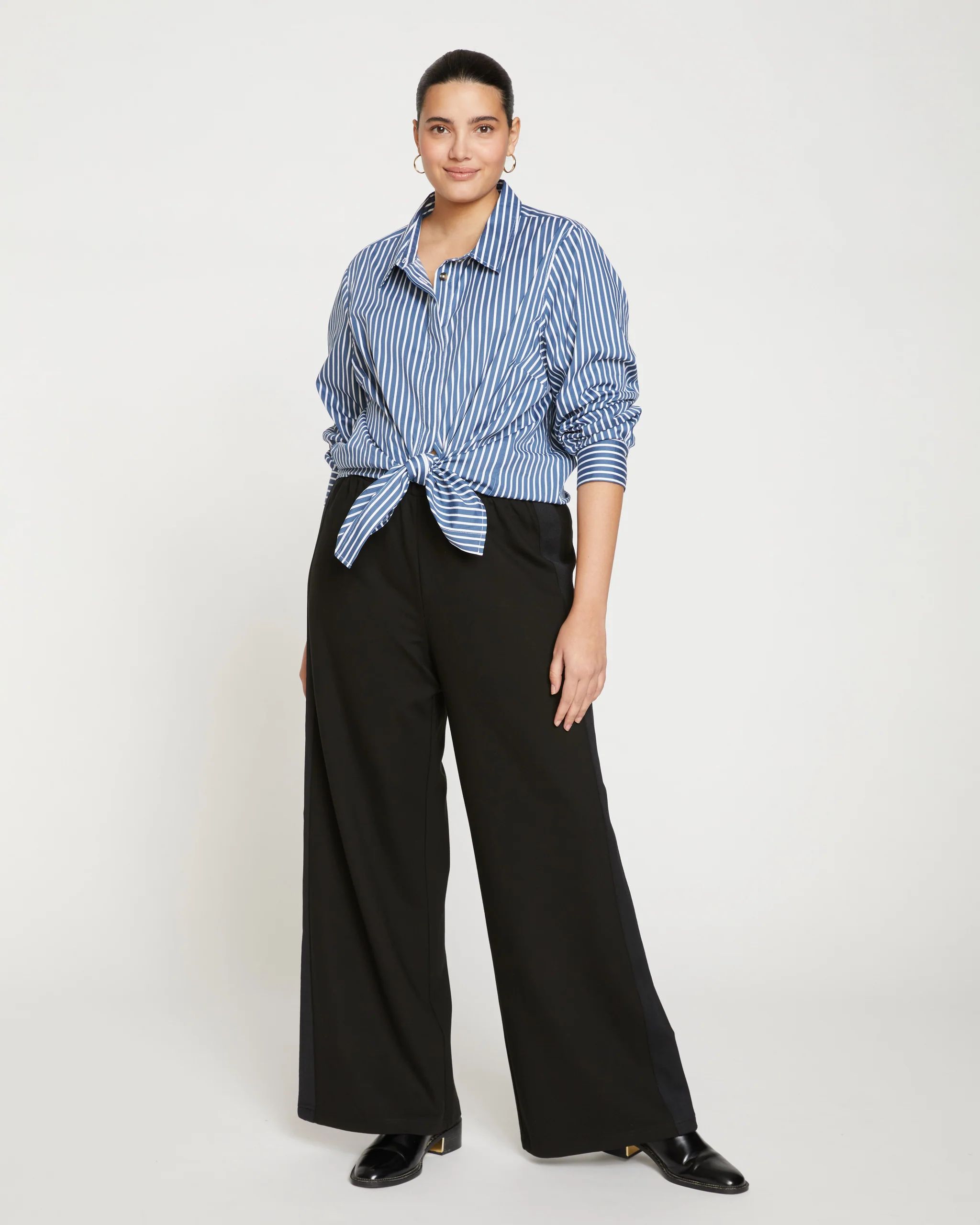 Stephanie Wide Leg Stripe Ponte Pants 33 Inch
   Black with Black Stripe | Universal Standard