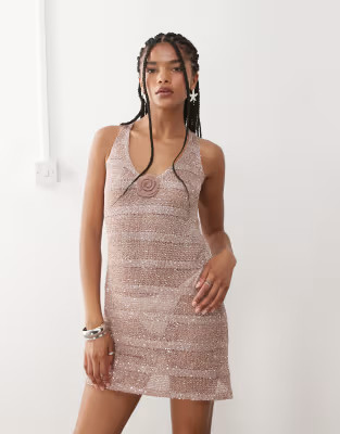 Miss Selfridge beach sequin crochet floral corsage mini dress in dusty pink | ASOS | ASOS (Global)