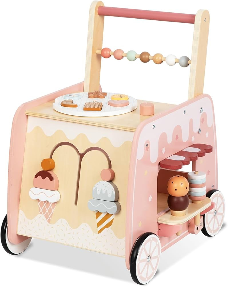 Wooden Baby Walker, Multifunctional Ice Cream Cart Activity Toy for Learning to Push Walk with Wh... | Amazon (US)