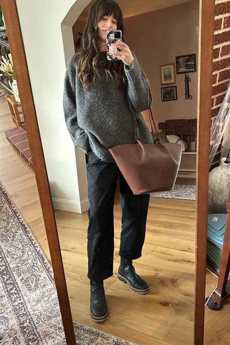 Oversized grey alpaca sweater with black barrel jeans, chunky black boots, and structured tote bag. 
15% off your Freda Salvador purchase with my code ‘15JESSICA'

#LTKshoecrush #LTKsalealert