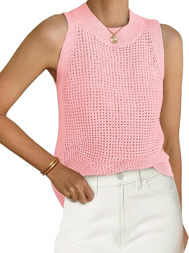 PRETTYGARDEN Summer Crochet Tank Tops for Women 2026 Casual Crewneck Hollow Out Loose Knit Sleeve... | Amazon (US)