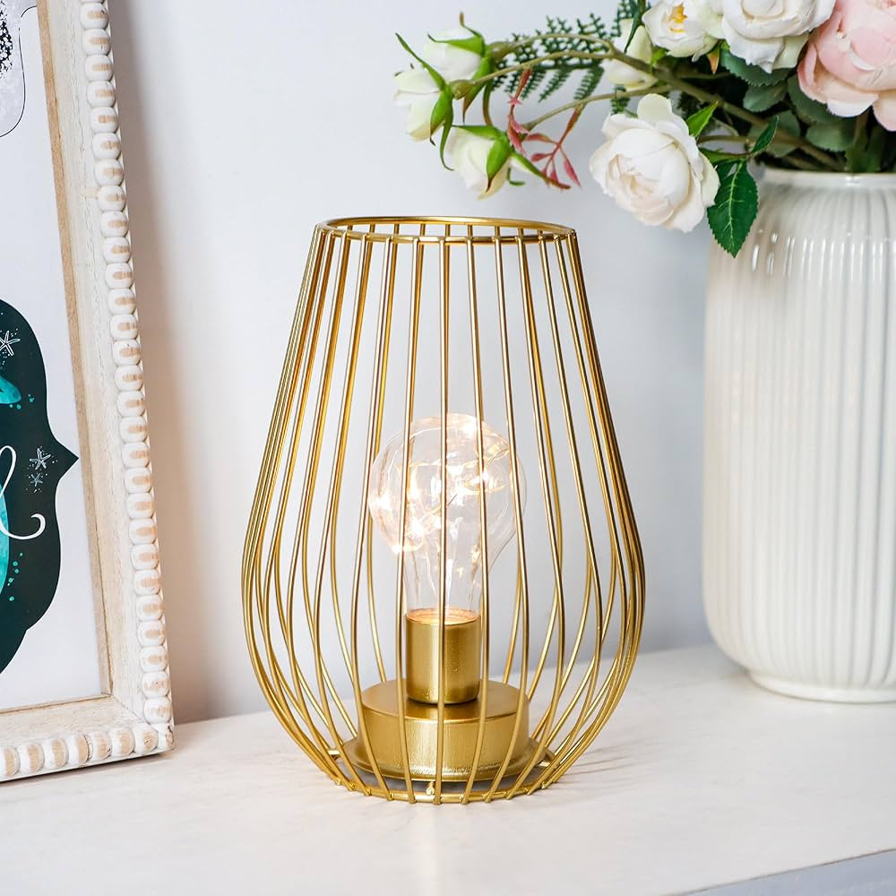 TRIROCKS Metal Battery Operated Lamp 8'' Tall Cage Shape Cordless Table Lantern with Warm Fairy L... | Amazon (US)