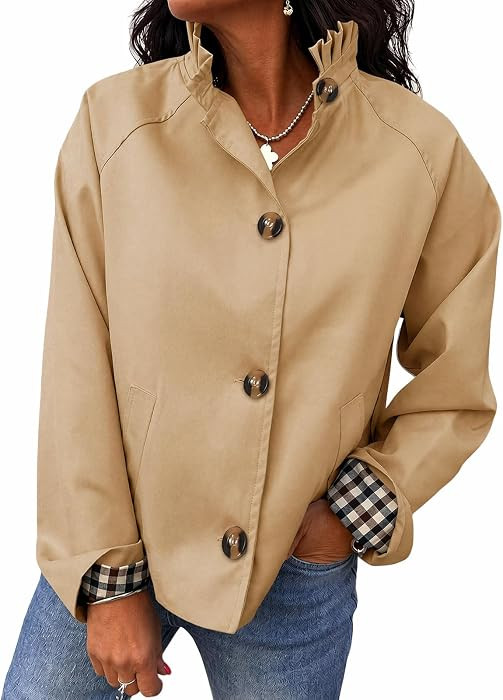 Cicy Bell Womens Ruffle Short Trench Coat Single Breasted Cropped Jackets | Amazon (US)