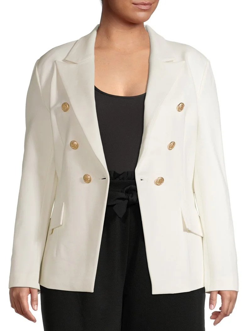 Attitude Unknown Women's Plus Size Ponte Metallic Button Blazer | Walmart (US)