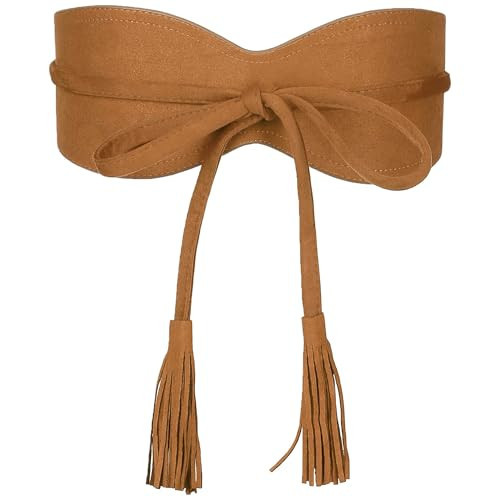 Elerevyo Womens Faux Suede Tassel Belt, Vintage Bow Tie Corset Cinch Obi Belts Waistband for Dress 65-106cm/25.59-41.73" Brown | Amazon (US)