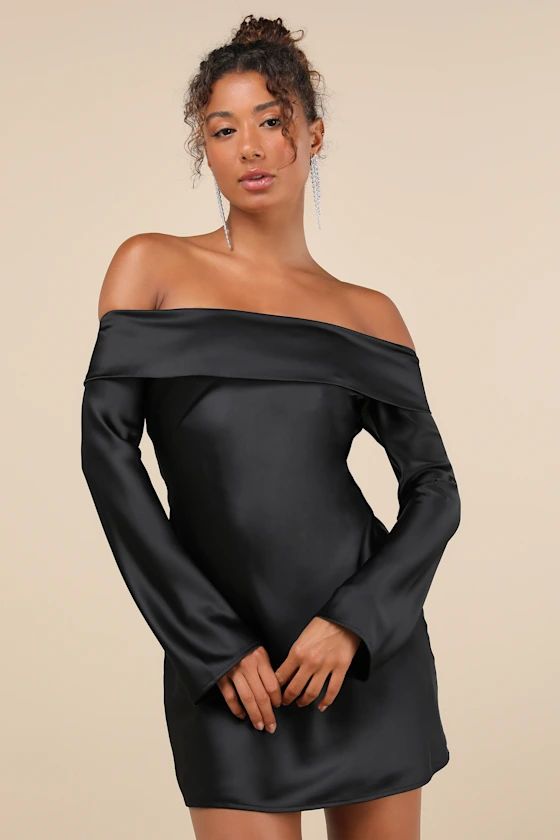 Luxurious Vision Black Satin Off-the-Shoulder Mini Dress | Lulus