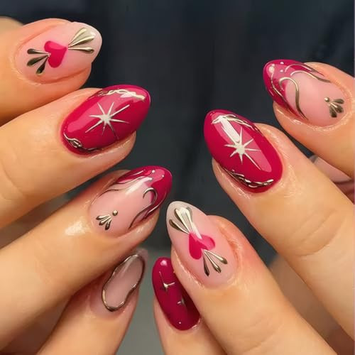 Valentines Press on Nails - Short Almond Nails Press ons with Heart & Star & Golden Line Designs, Red French Tip False Nails, Glossy Acrylic Full Cover Cute Stick on Nails for Women Manicure 24Pcs | Amazon (US)