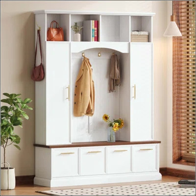 4-IN-1 Elegant Hall Tree With Golden Hooks & Handles, Practical Entryway Bench With Adjustable Shelves,Farmhouse Wooden Style Coat & Shoe Rack For M | Wayfair North America