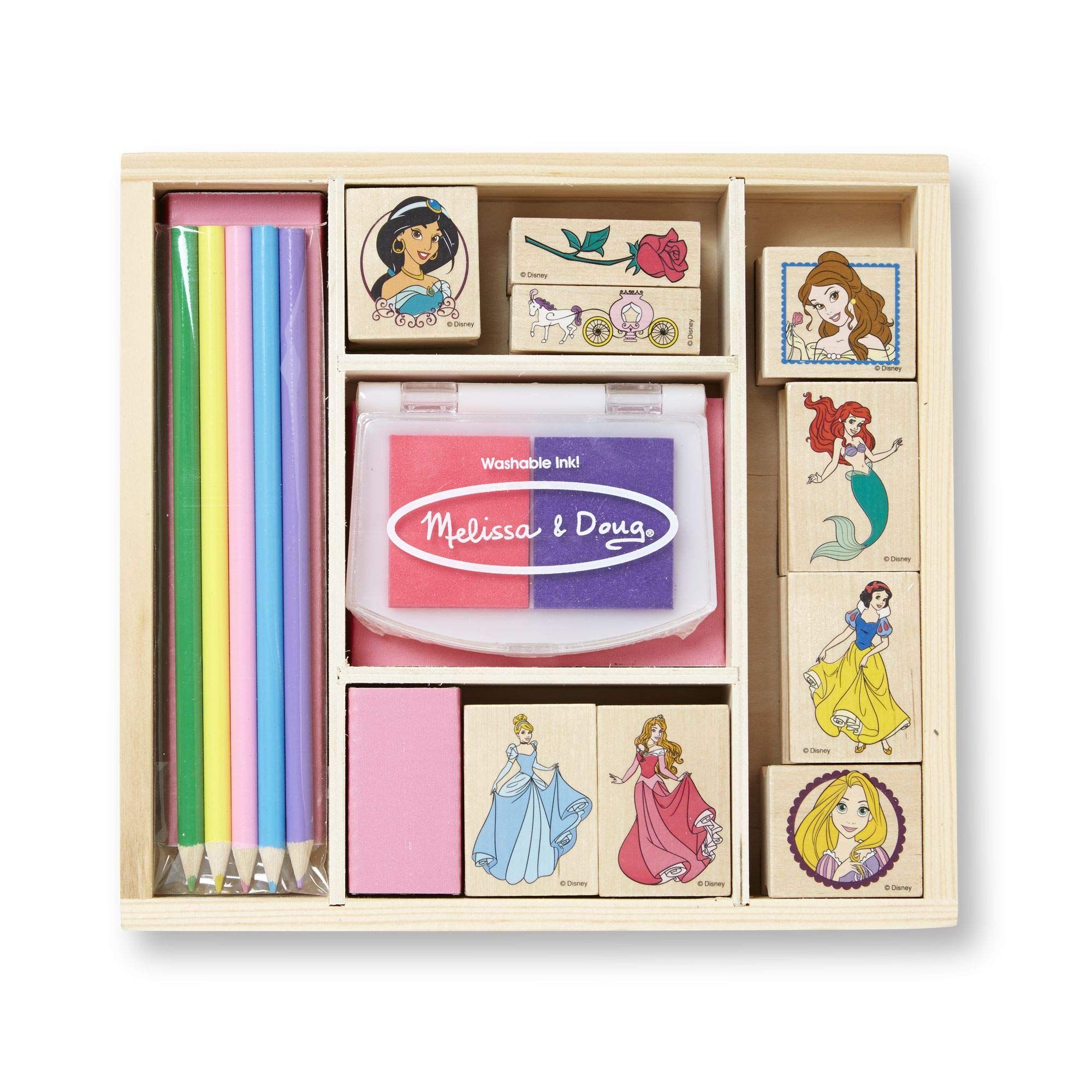 Melissa & Doug Disney Princess Wooden Stamp Set: 9 Stamps, 5 Colored Pencils, and 2-Color Stamp Pad | Amazon (US)