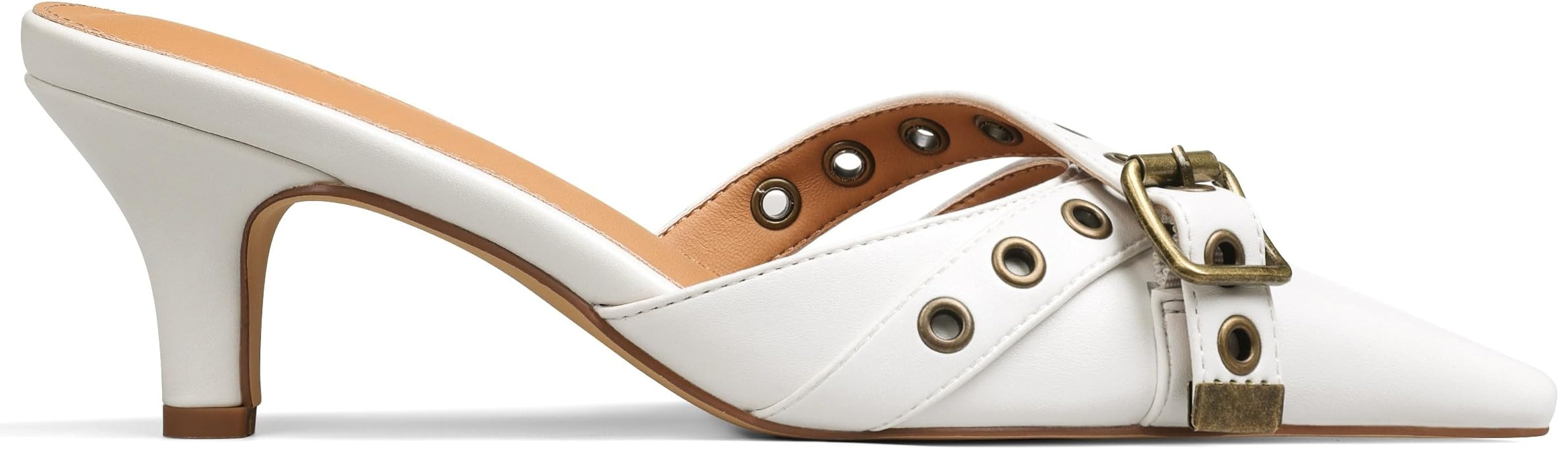 AMINUGAL Mules Heels for Women Pointed Closed Toe Kitten Heels Pumps Buckle Slip On Mules Studded... | Amazon (US)